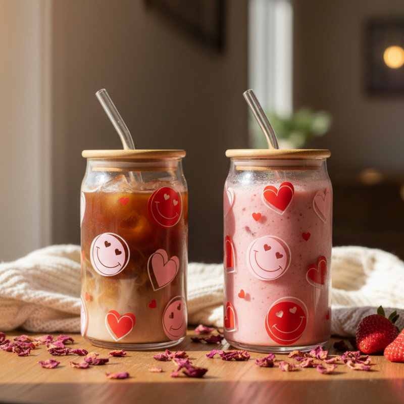 Iced Coffee Glass Mug With Straw 500ml Hearts (Set of 2)