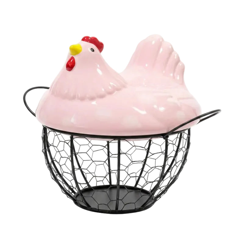 Egg Basket Pink Hen Metal/Ceramic