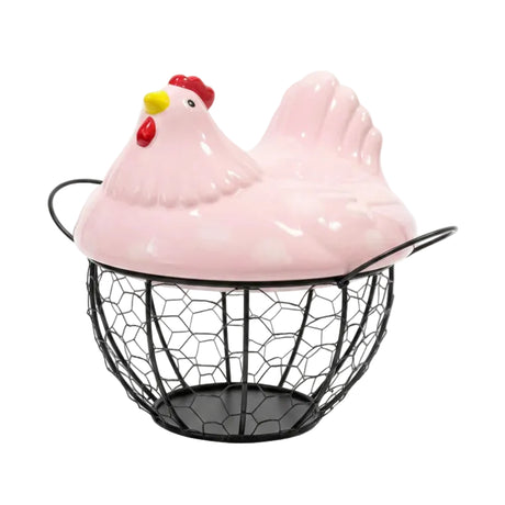 Egg Basket Pink Hen Metal/Ceramic