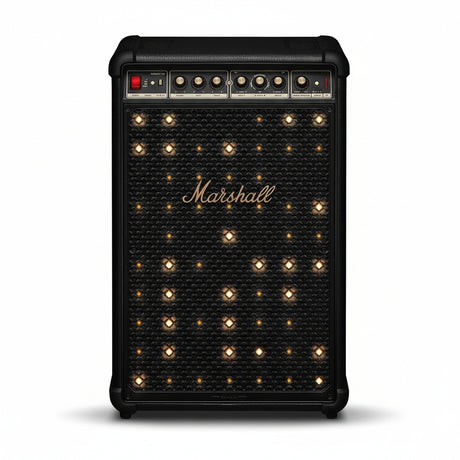 Black Marshall Bluetooth party speaker with glowing grille lights and control panel