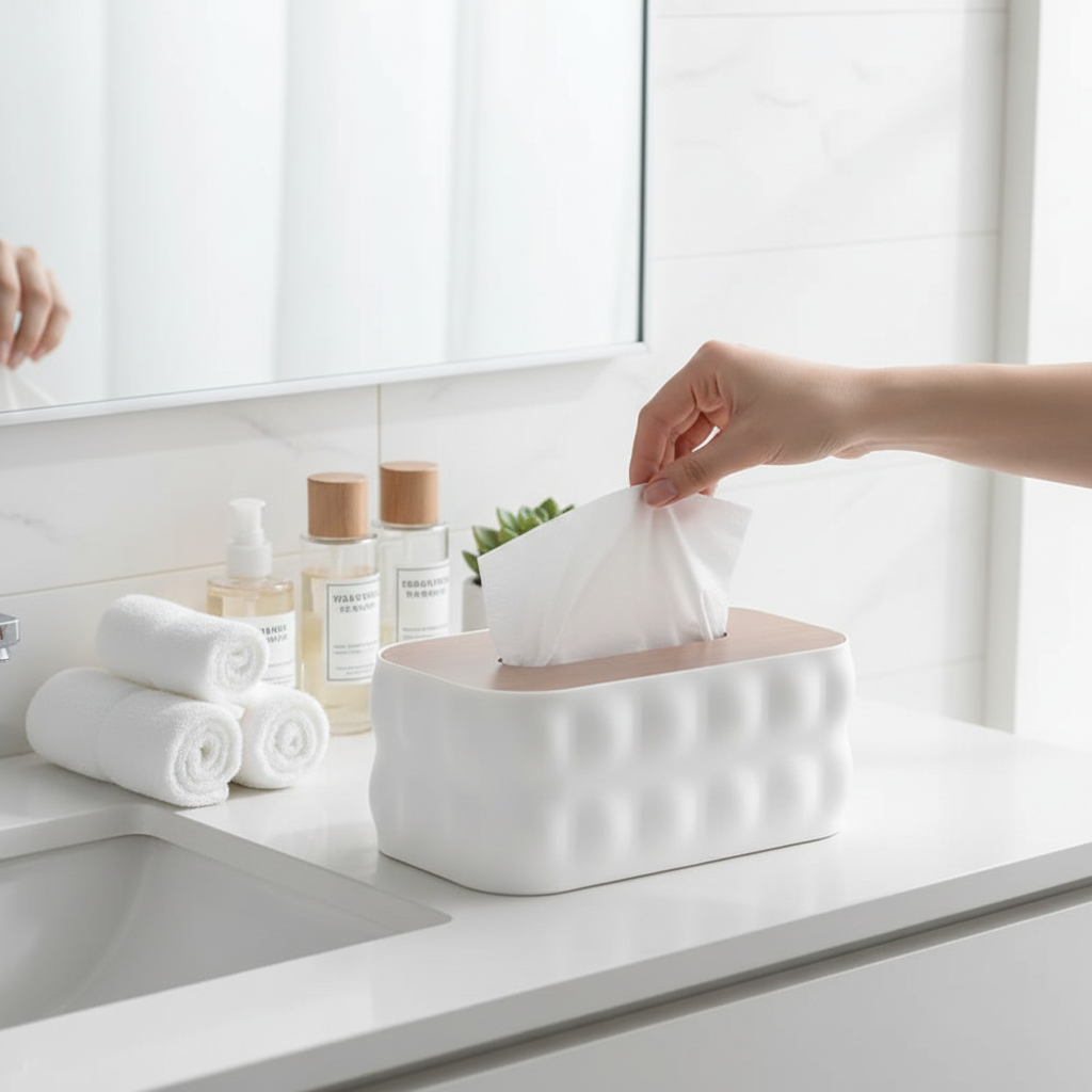 Bubble Textured Tissue Box With Wooden Lid White