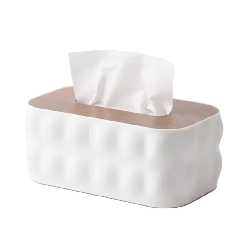 Bubble Textured Tissue Box With Wooden Lid White