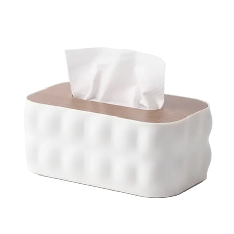 Bubble Textured Tissue Box With Wooden Lid White