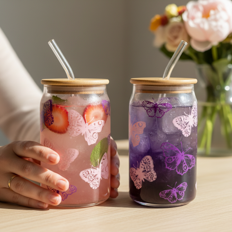 Iced Coffee Glass Mug With Straw 500ml Butterfly (Set of 2)