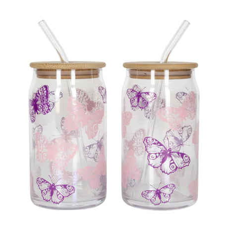 Iced Coffee Glass Mug With Straw 500ml Butterfly (Set of 2)