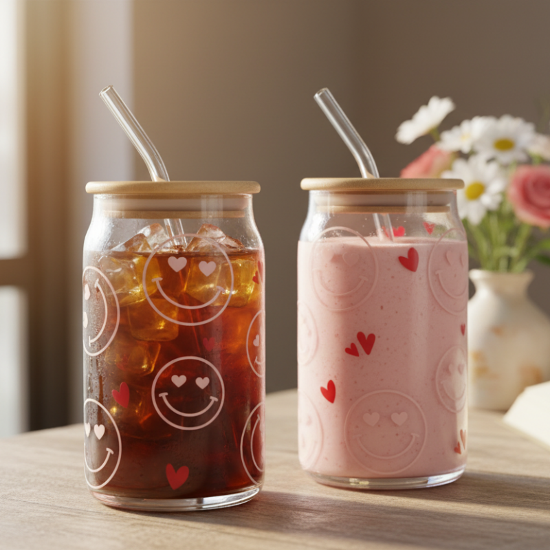 Set of 2 glass iced coffee mugs with straws, heart and smiley prints on clear jars