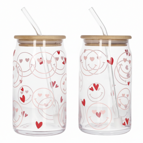 Iced Coffee Glass Mug With Straw 500ml Hearts (Set of 2)