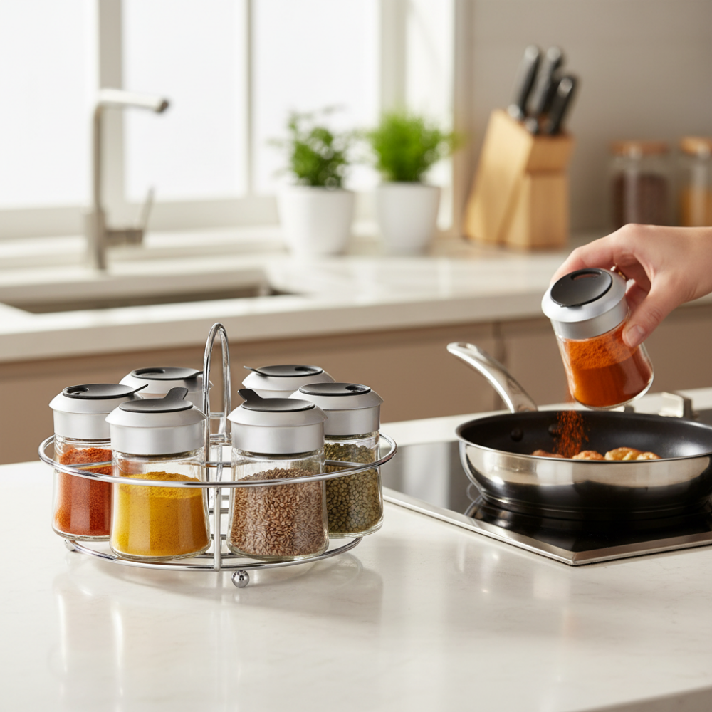 Glass Spice Jar With Steel Stand 60ml (Set of 7pcs)