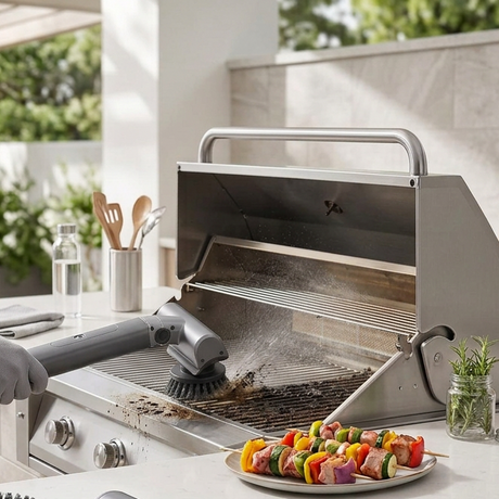 3-in-1 BBQ grill cleaning brush with gray handle and multi-brush head