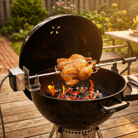 Rotisserie chicken on black grill with rotisserie rod and spit forks