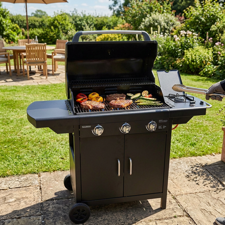 Compact black gas grill with open lid, side burner, and control knobs