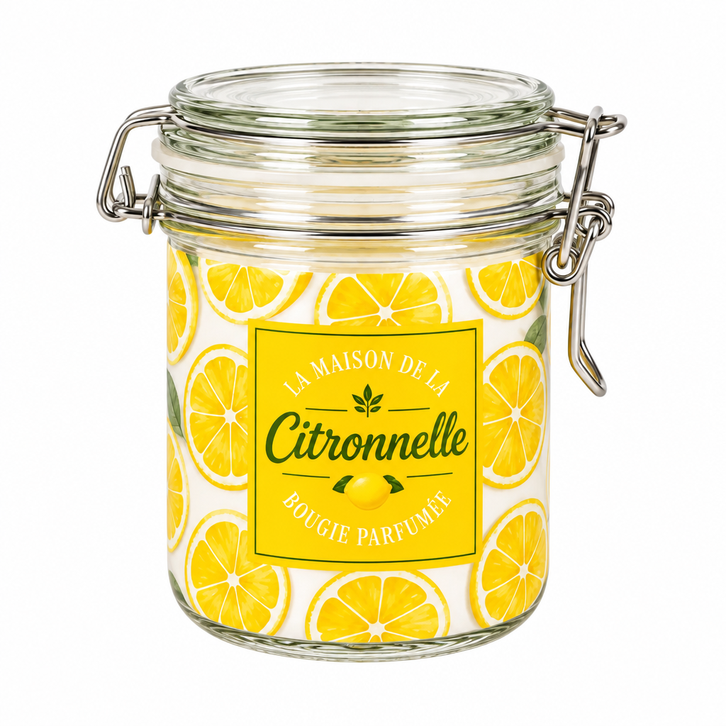 Citronella scented candle in glass jar with yellow citrus print and metal lid