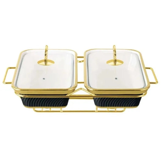 Twin Rectangular Burner Dish With Gold Stand