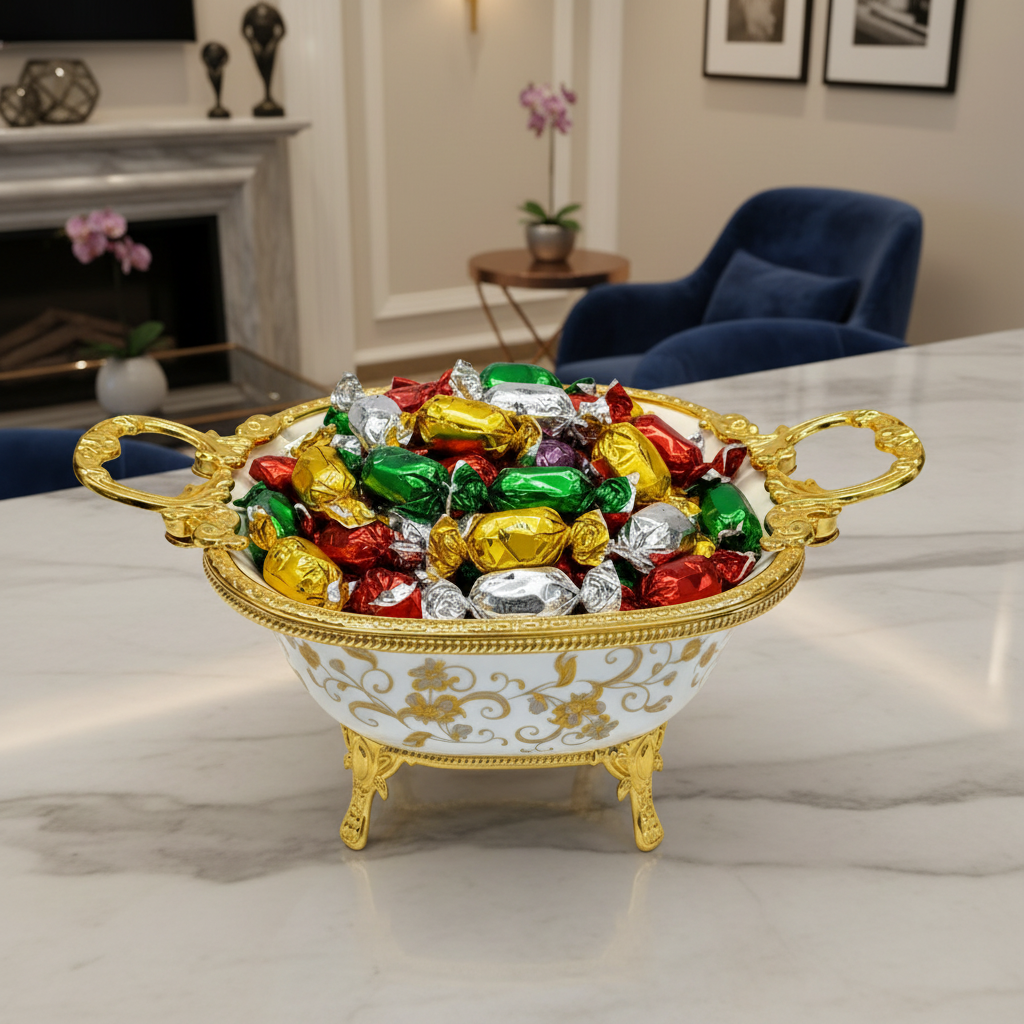 Royal Bloom Candy Bowl With Lid White & Gold