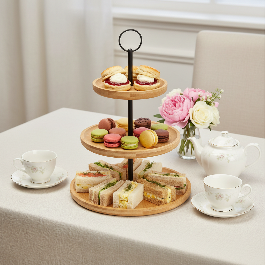 Bamboo 3 Tiers Food Stand Metal Support