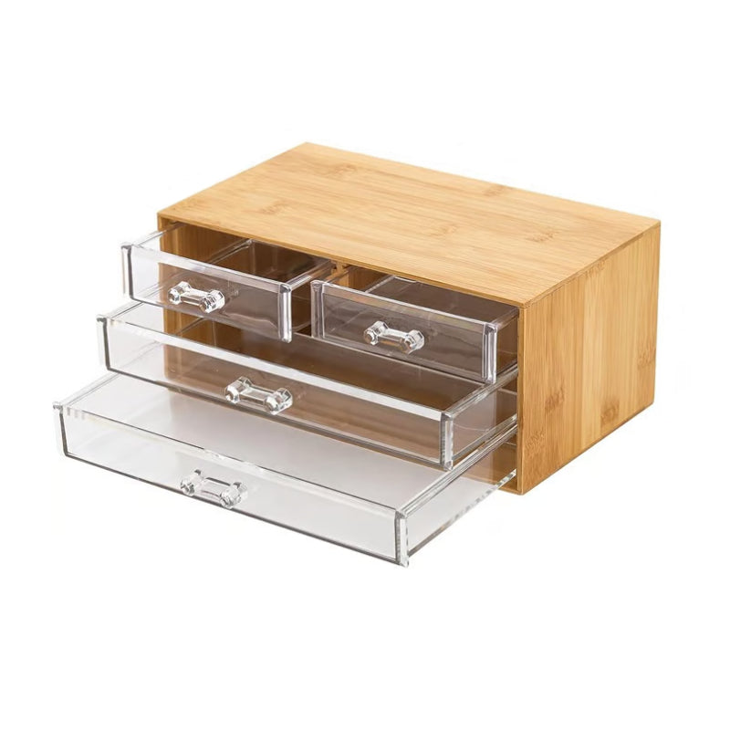 Bamboo Cosmetic Storage Organizer with 4 Acrylic Drawers