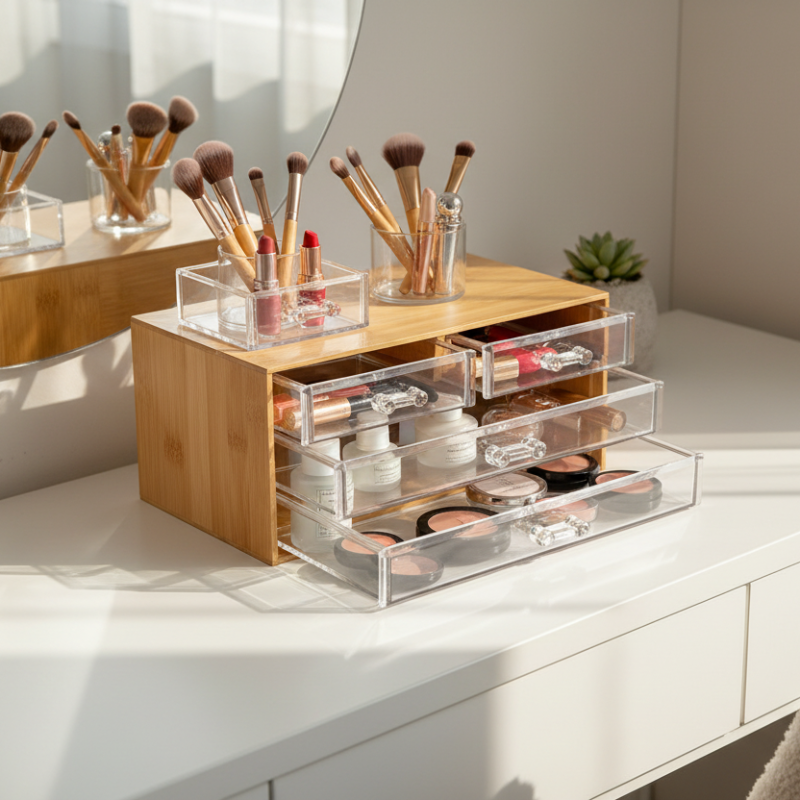 Bamboo Cosmetic Storage Organizer with 4 Acrylic Drawers