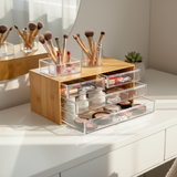 Bamboo Cosmetic Storage Organizer with 4 Acrylic Drawers