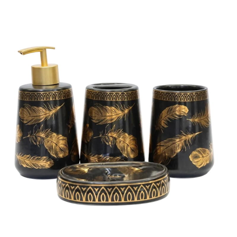 Bathroom Set Black Gold Leaf (Set of 4)