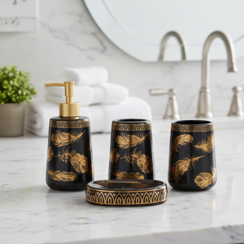 Bathroom Set Black Gold Leaf (Set of 4)