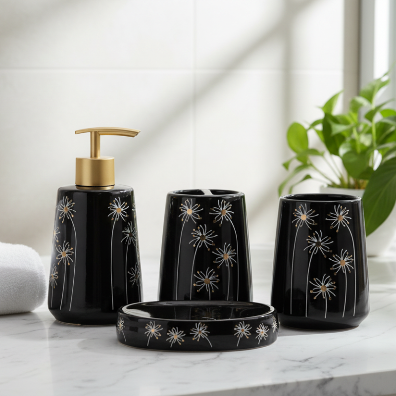 Bathroom Set Black Sun Flower (Set of 4)
