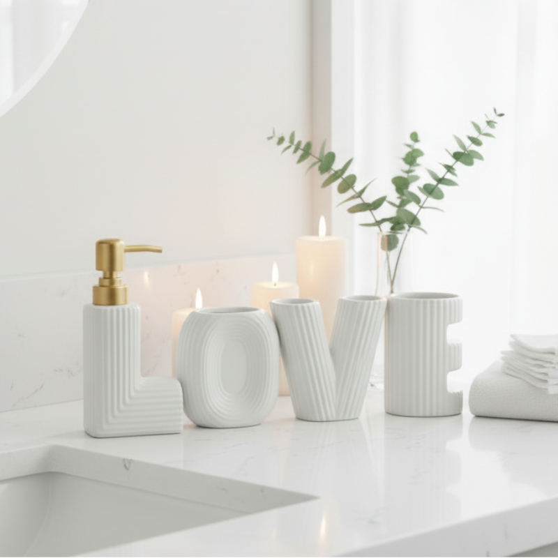 Bathroom Set White Love (Set of 4)