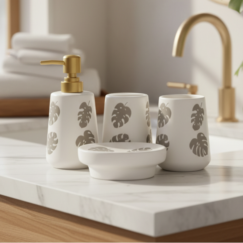 Bathroom Set Leaf White (Set of 4)