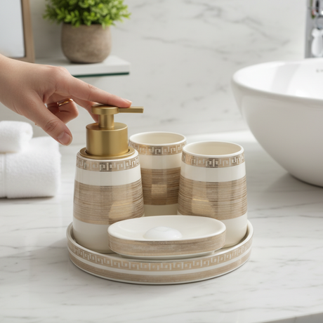 Bathroom Set White Beige (Set of 5)
