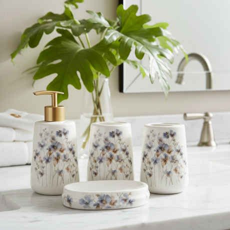 Bathroom Set White Blue Flower (Set of 4)