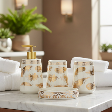 Bathroom Set White Gold Leaf (Set of 4)