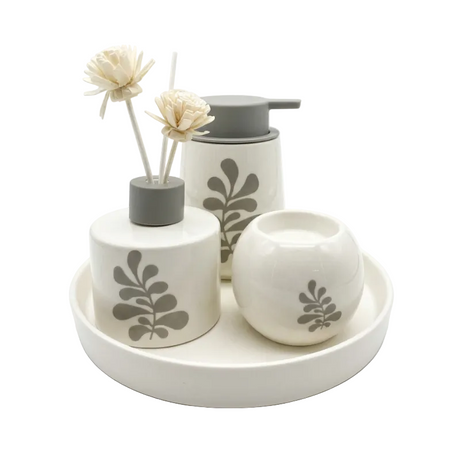 Bathroom Set With Tray White Leaf (Set of 4)