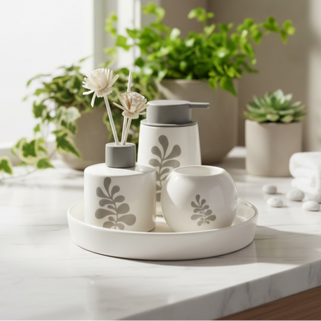 Bathroom Set With Tray White Leaf (Set of 4)