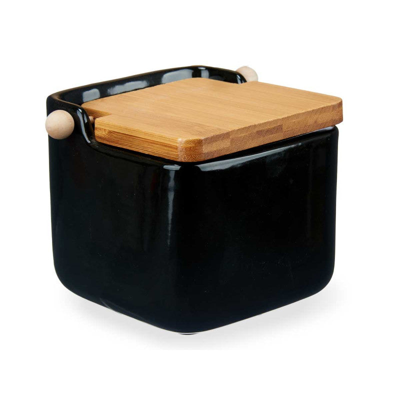 Black Ceramic Salt Shaker With Bamboo Lid