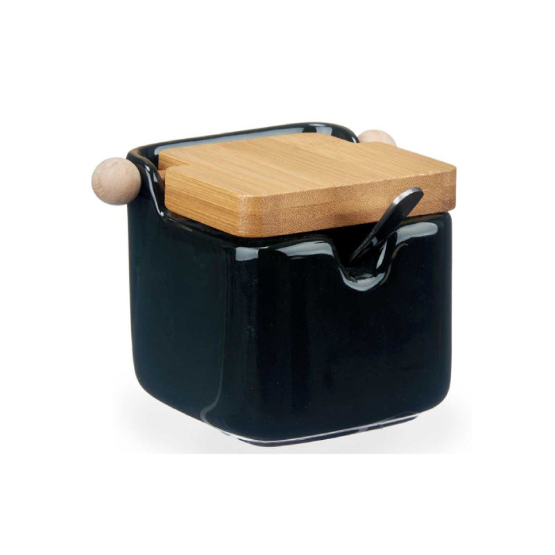Black Ceramic Sugar Bowl With Bamboo Lid 190ml