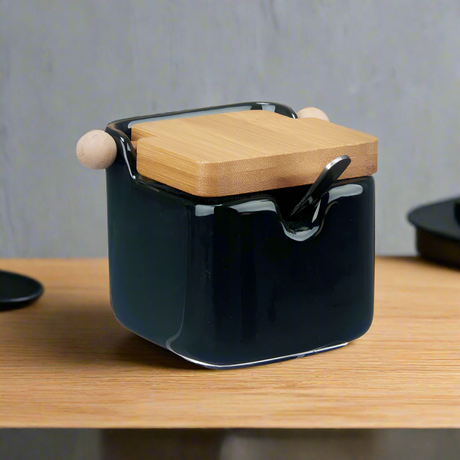 Black Ceramic Sugar Bowl With Bamboo Lid 190ml