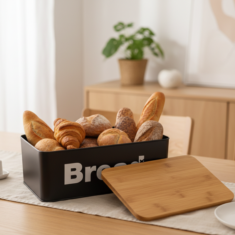 Black Metal Bread Basket with Bamboo Lid 33cm