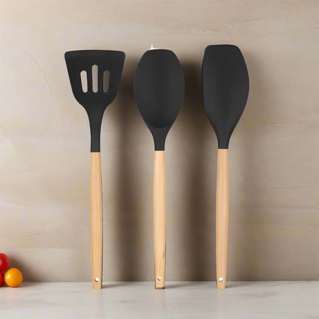 Black Wooden Silicone Kitchen Shovels (Set of 3)