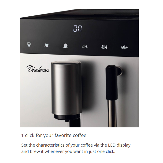 Black coffee machine with LED display, metal spout, and black frothing arm