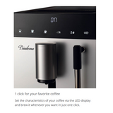 Black coffee machine with LED display, metal spout, and black frothing arm