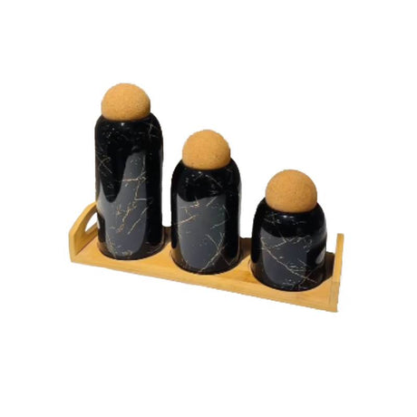 Ceramic 3-Piece Jar Set Black With Bamboo Stand