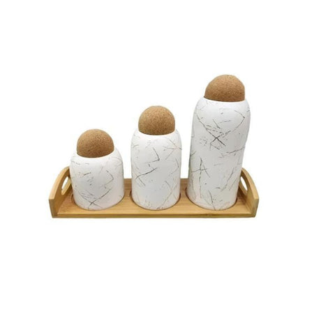 Ceramic 3-Piece Jar Set White With Bamboo Stand