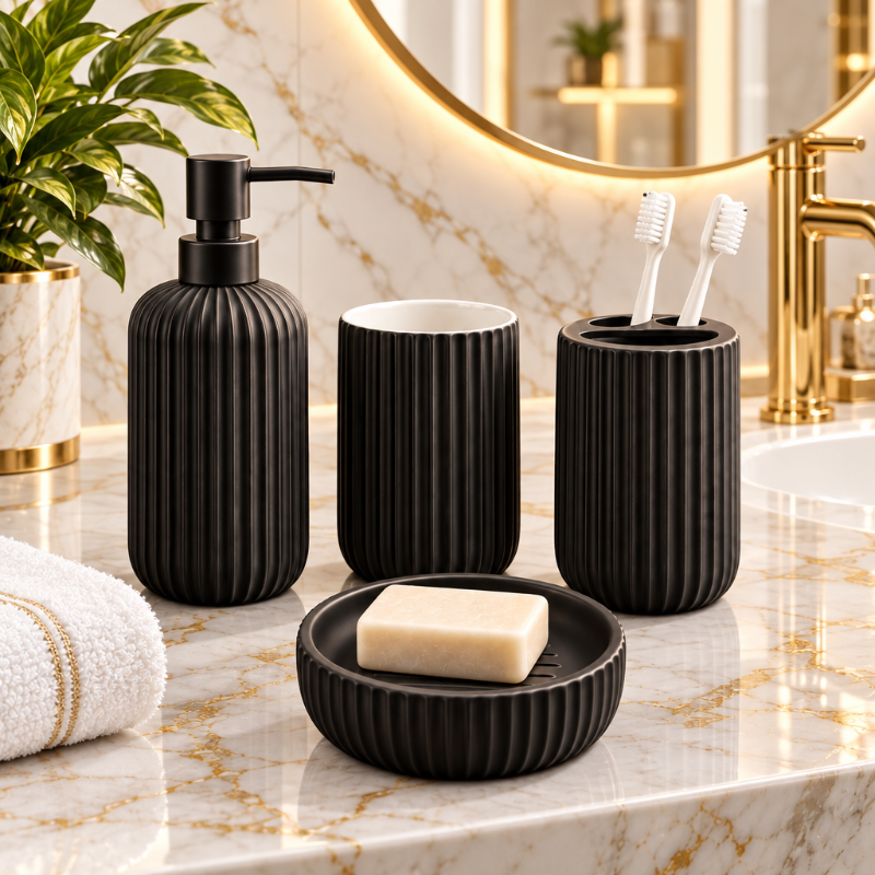 Ceramic Bathroom Set Fluted Matte Black (Set of 4 Pcs)