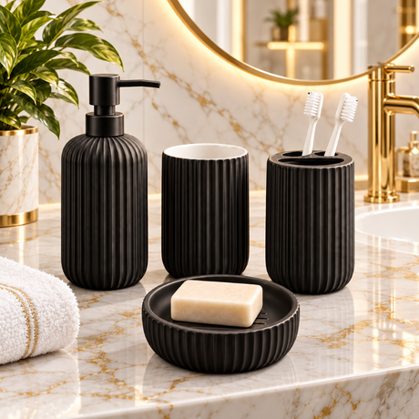 Ceramic Bathroom Set Fluted Matte Black (Set of 4 Pcs)
