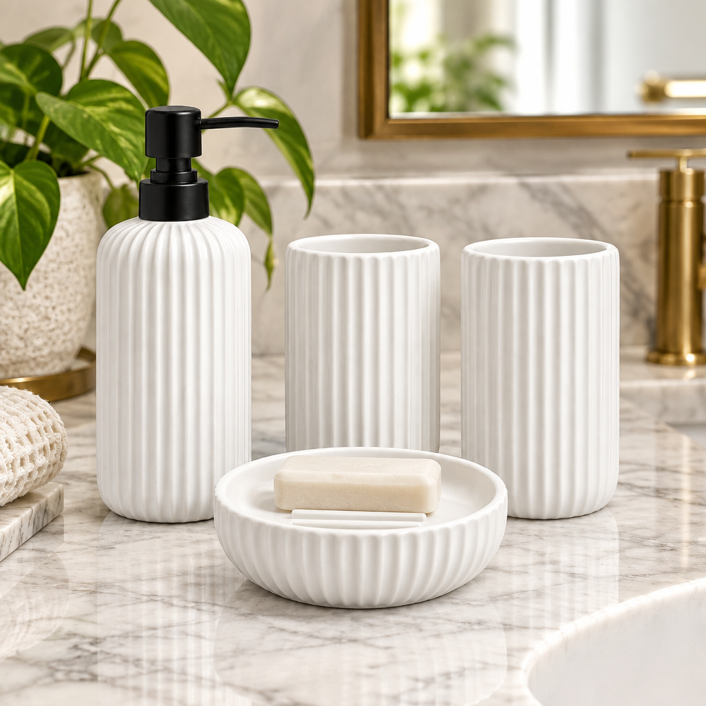 Ceramic Bathroom Set Fluted Matte White (Set of 4 Pcs)