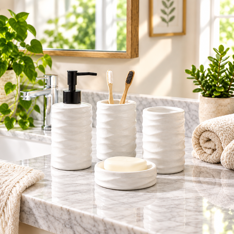 Ceramic Bathroom Set Matte White (Set of 4 Pcs)