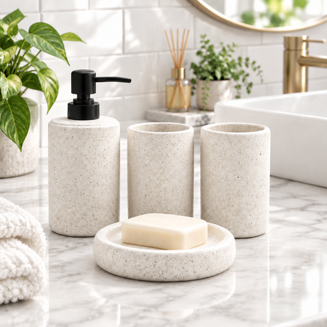 Ceramic Bathroom Set Stone Cream (Set of 4 Pcs)