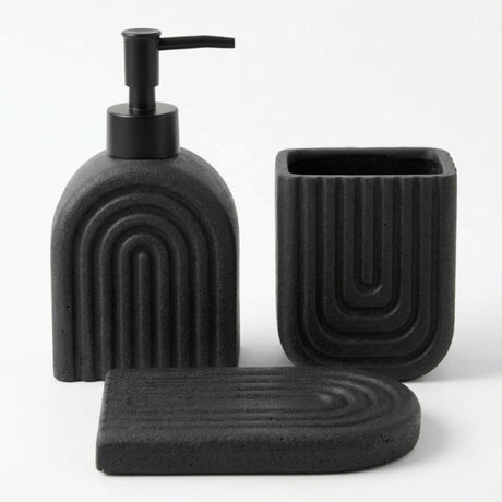 Ceramic Bathroom Set Ribbed Black (Set of 3 Pcs)