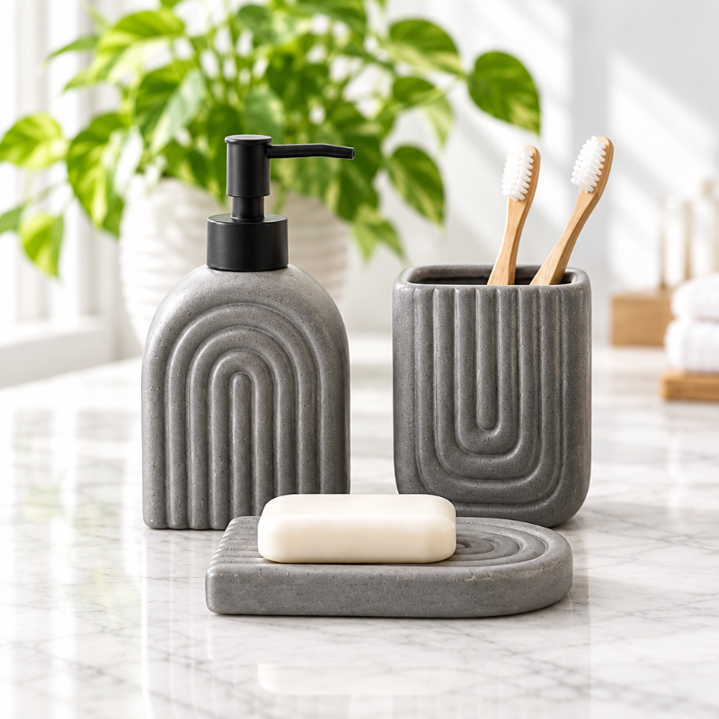 Ceramic Bathroom Set Ribbed Grey (Set of 3 Pcs)