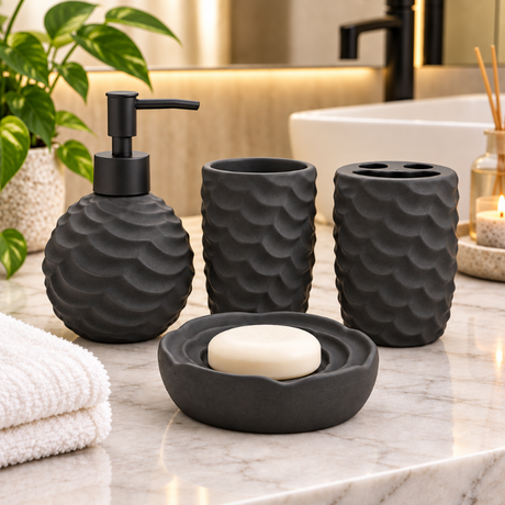 Ceramic Bathroom Set Scalloped Charcoal Grey (Set of 4 Pcs)