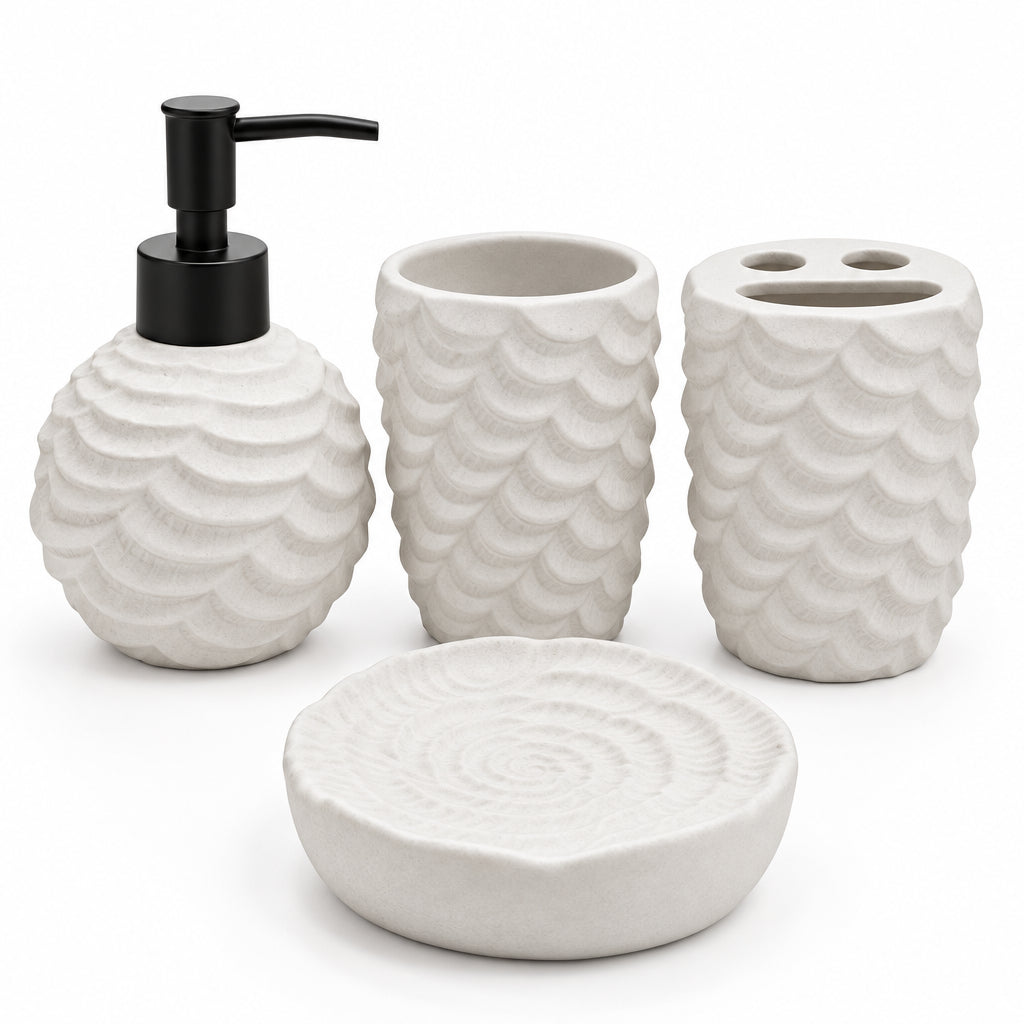 Ceramic Bathroom Set Scalloped Matte White (Set of 4 Pcs)